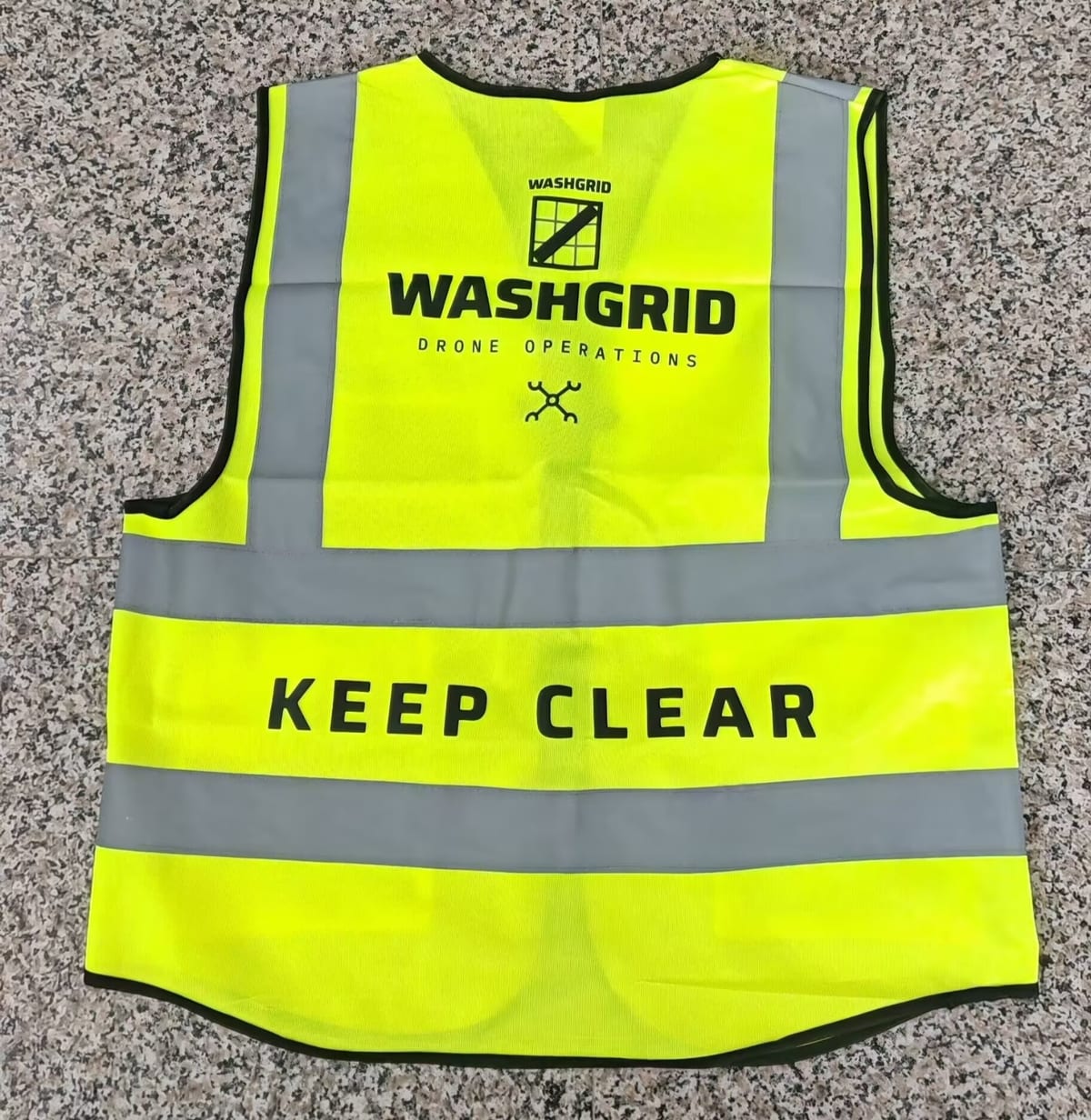 WashGrid drone operations hi-vis vest, rear KEEP CLEAR print