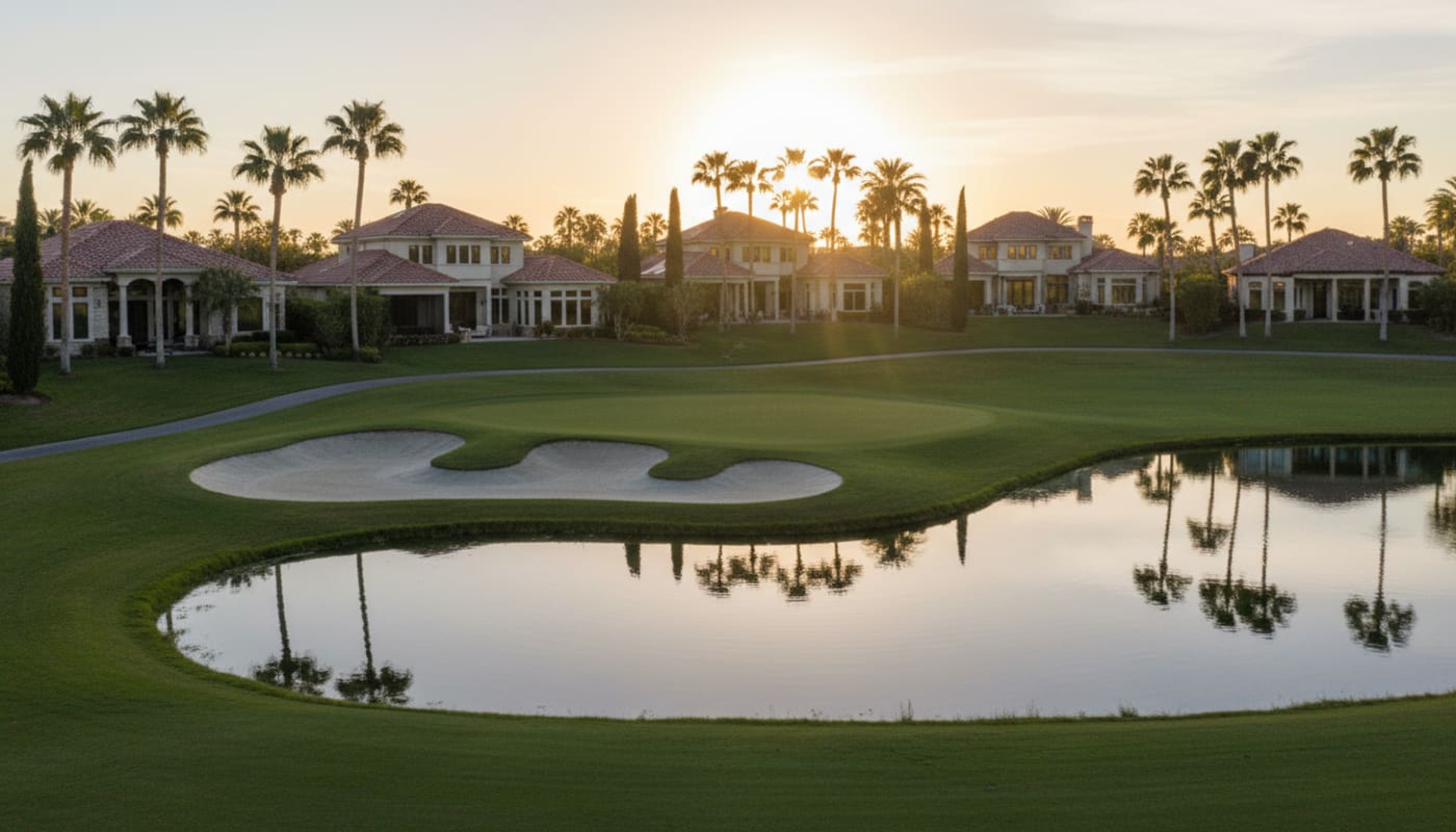 Dr. Phillips golf-course community homes with tile roofs at golden hour