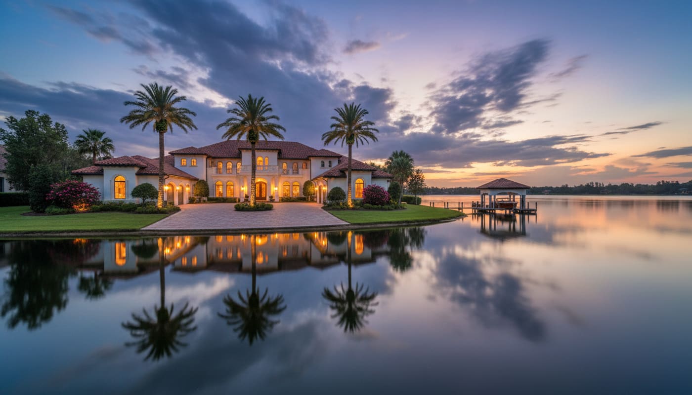 Windermere lakefront estate with barrel tile roof on the Butler Chain of Lakes at dusk