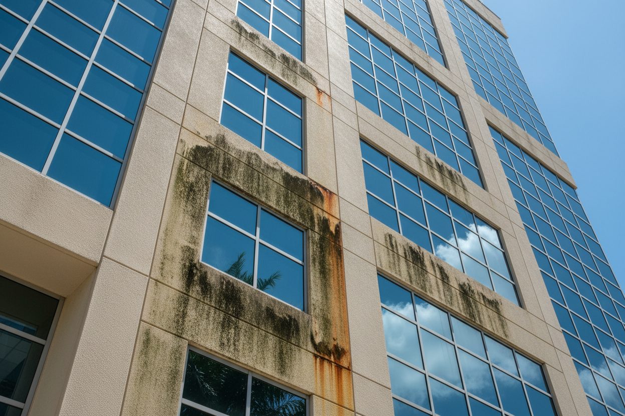 Commercial office building façade — before cleaning (simulated)