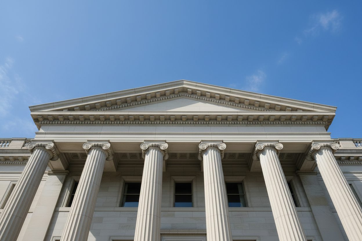 Neoclassical government building façade — after cleaning (simulated)