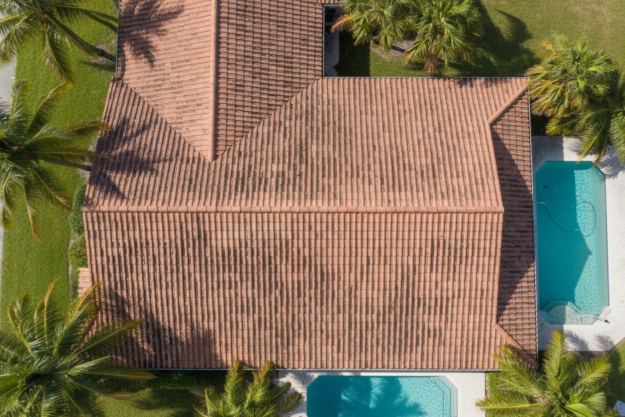 Aerial view of a Florida barrel tile roof — before cleaning (simulated)