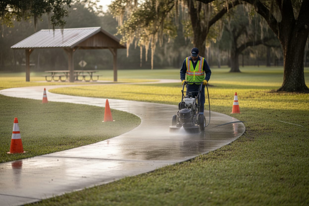 Crew member cleaning a park pathway with a surface cleaner near a pavilion