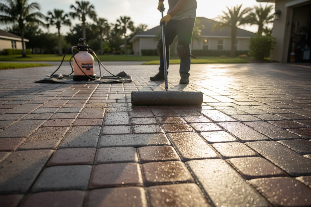 Technician applying wet-look sealer to brick pavers with a roller
