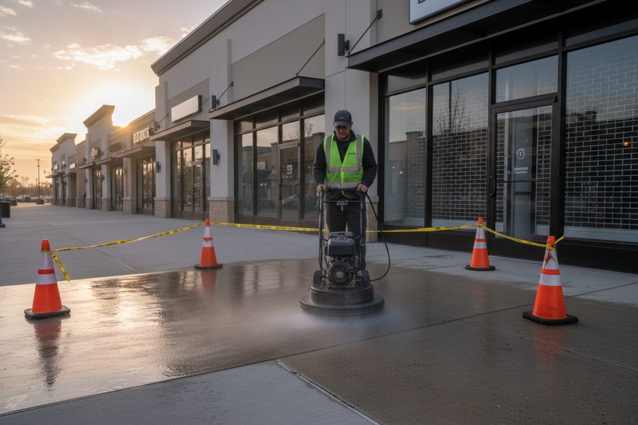 Technician surface-cleaning a storefront sidewalk before opening hours