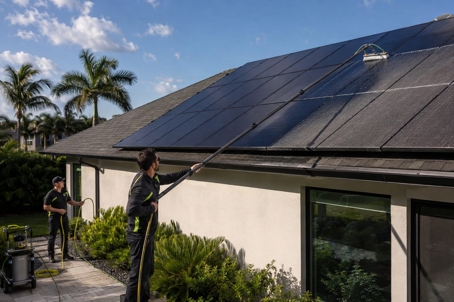 Crew cleaning rooftop solar panels with a waterfed pole and deionized water on a Florida home